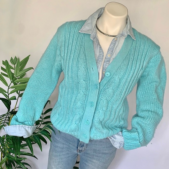 b l u e :: Vintage Granny Cable Knit Braided Cardigan Sweater - Picture 1 of 11
